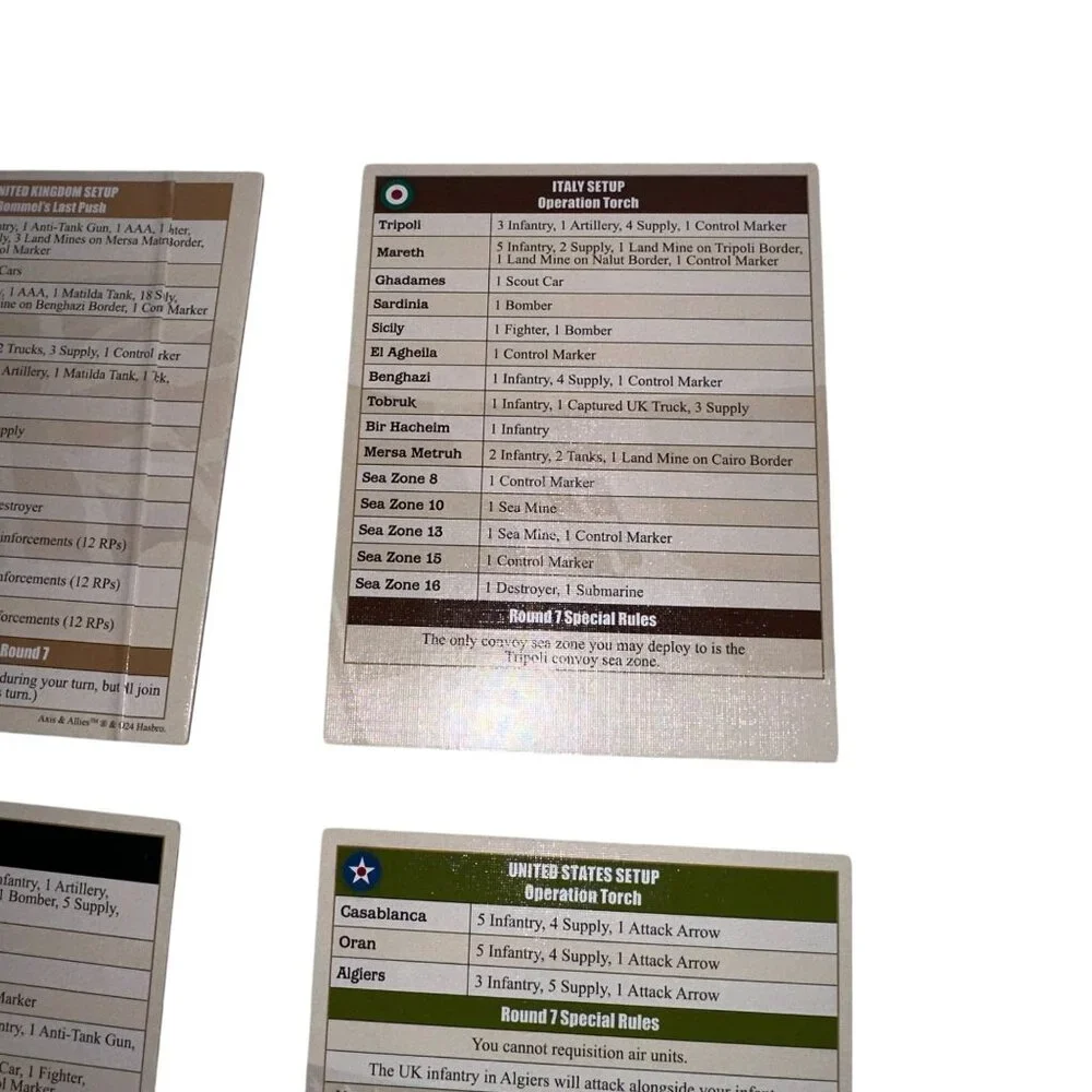 Hasbro Axis and Allies North Africa Board Game Country Cards Repalcement Parts